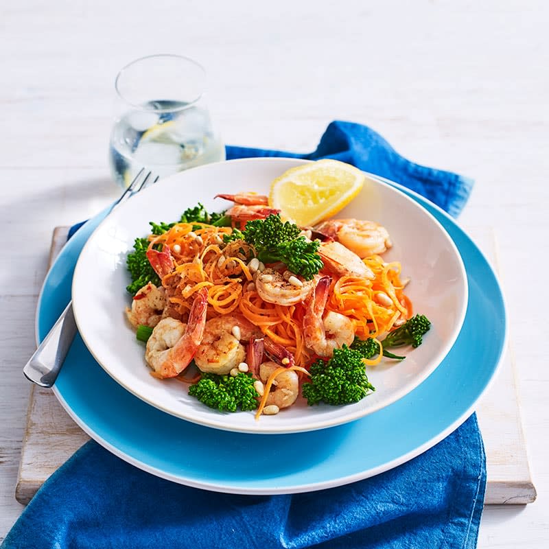 Carrot zoodles with chilli prawns and broccolini
