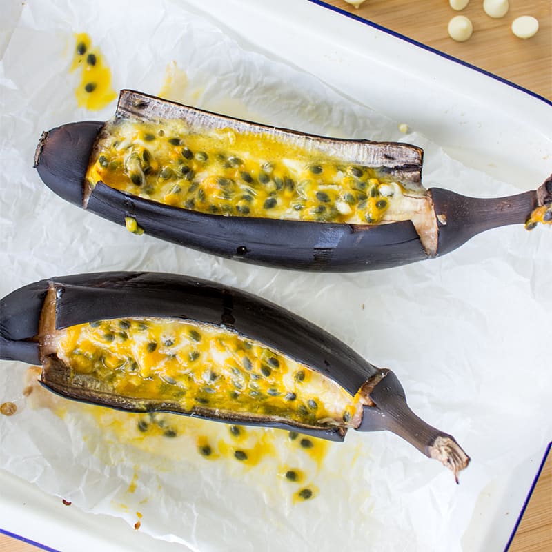 White chocolate and passionfruit banana boats