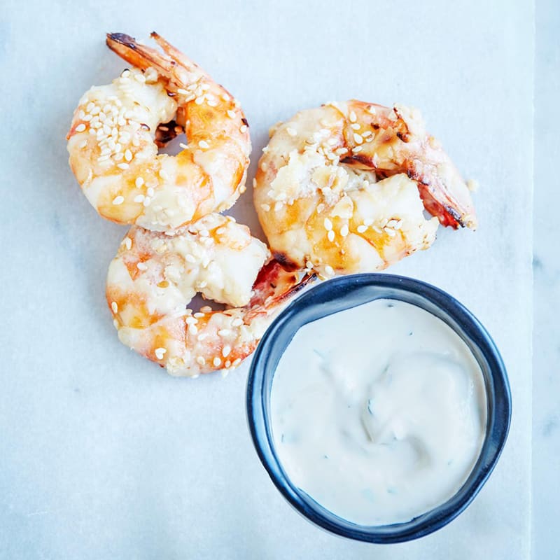 Photo of Sesame baked prawns with tahini yoghurt dipping sauce by WW