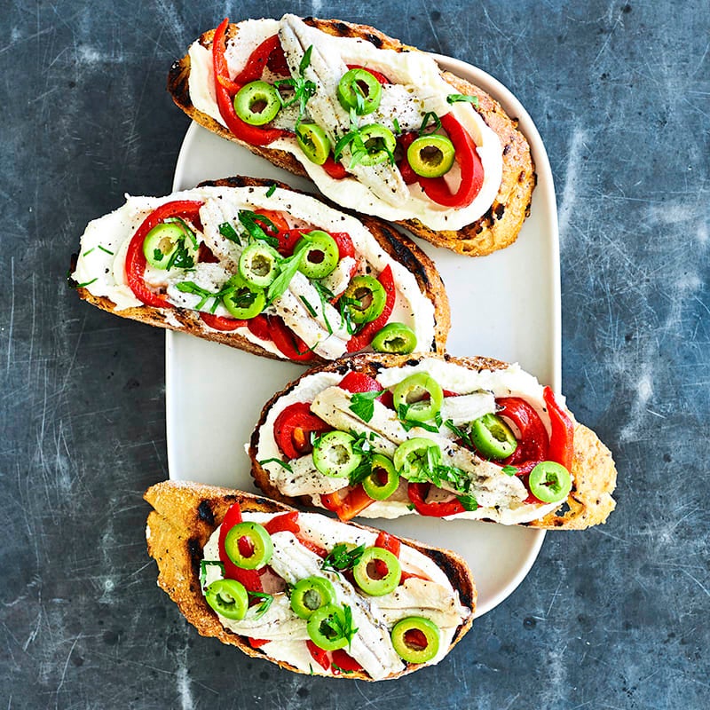 Roasted pepper, olive and white anchovy bruschetta