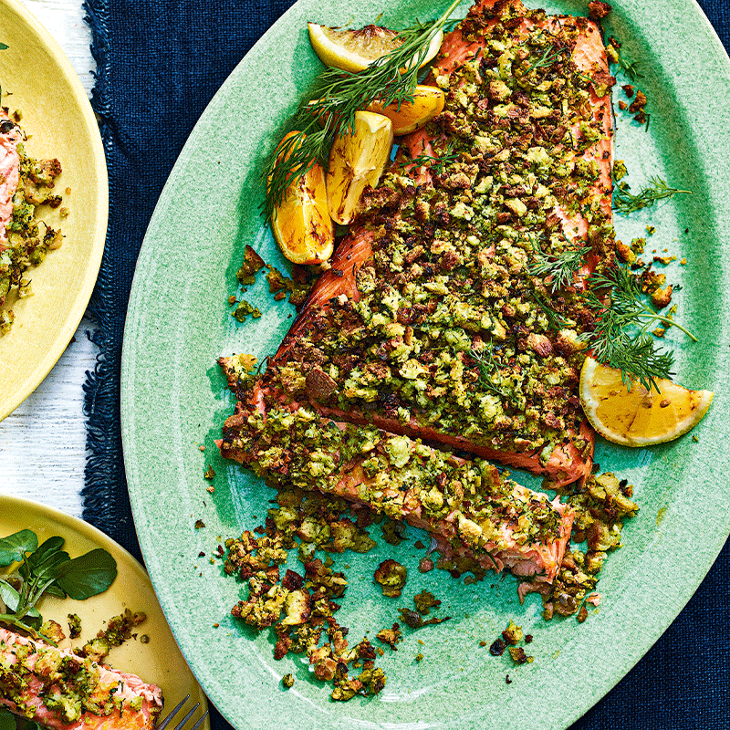 Herb-crusted side of salmon