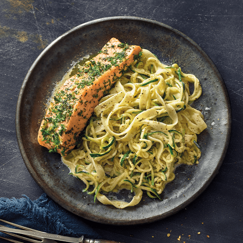 Herbed salmon on pasta and zoodles