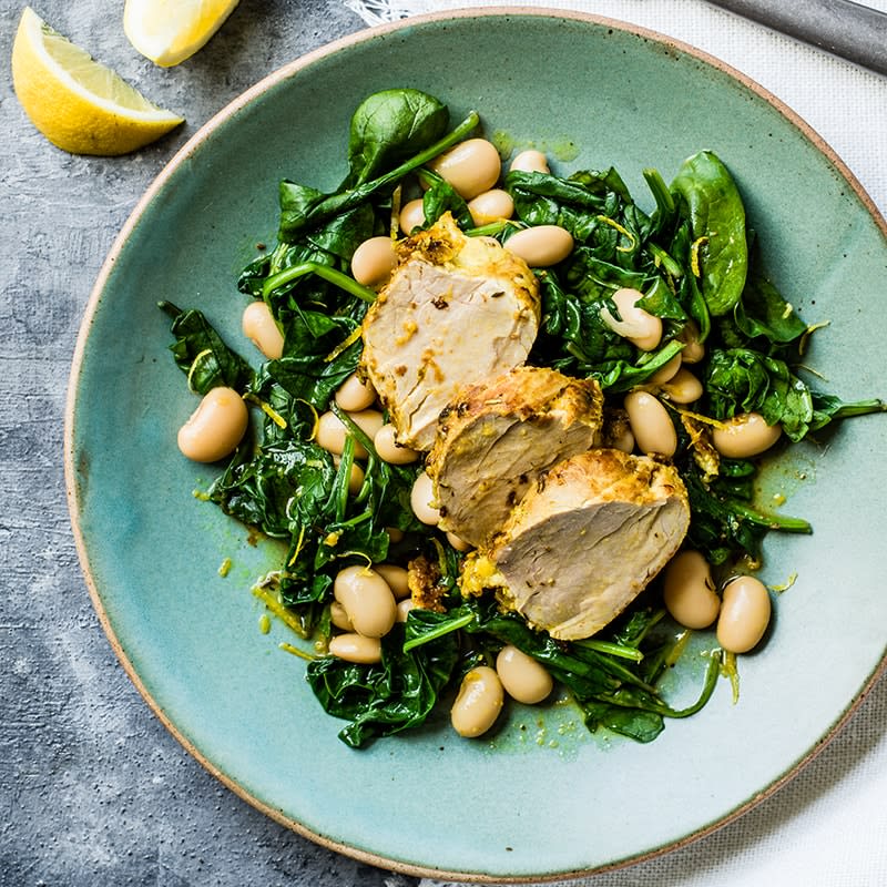 Zesty pork with spinach and  butter beans
