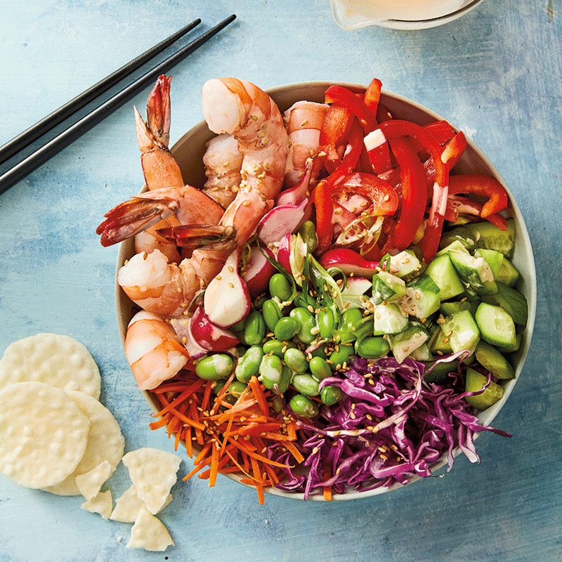 Rainbow poke bowl with spicy sesame drizzle