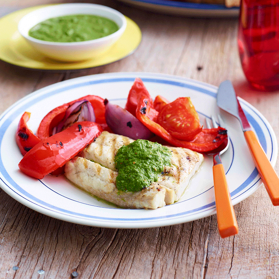 Grilled fish fillet with chimichurri sauce