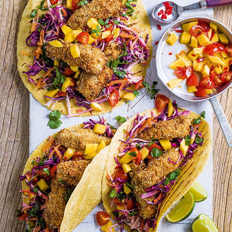 Photo of Crispy fish tacos with lime slaw and mango salsa by WW
