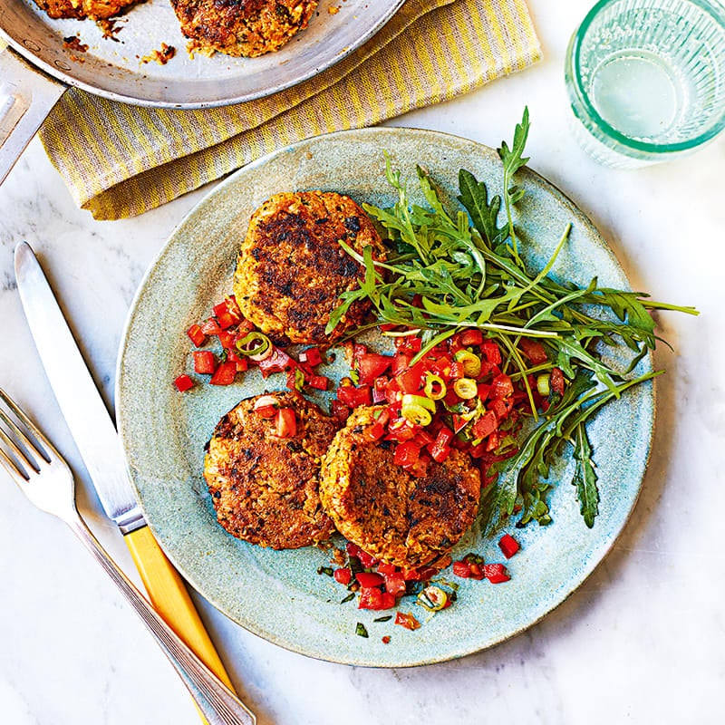 Spiced pumpkin and cauliflower fritters with salsa