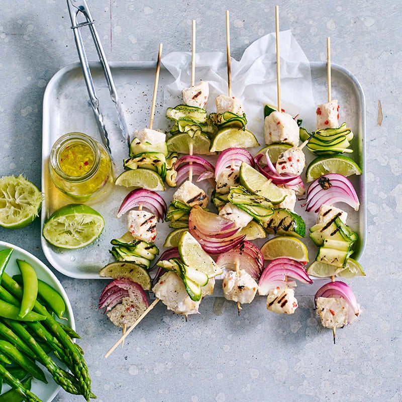 Lime and chilli fish skewers