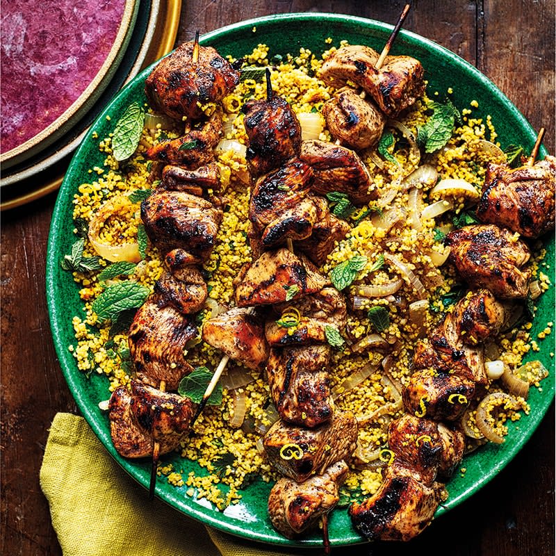 Sumac chicken kebabs with herby couscous