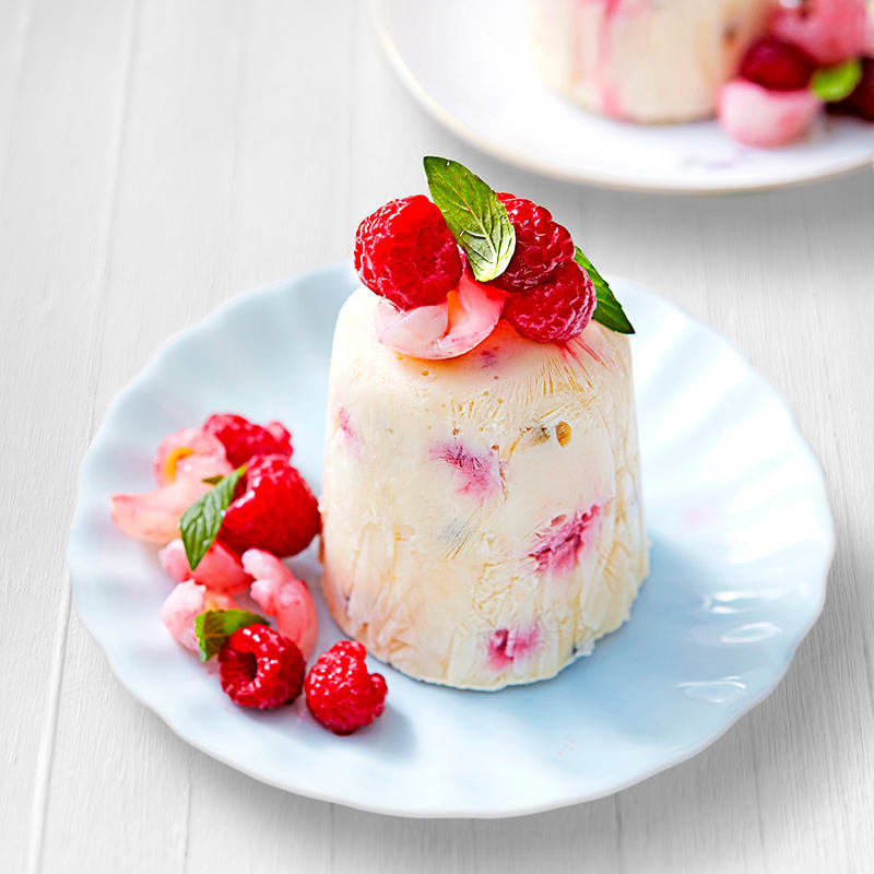 Raspberry & passionfruit yoghurt semifreddo with lychees