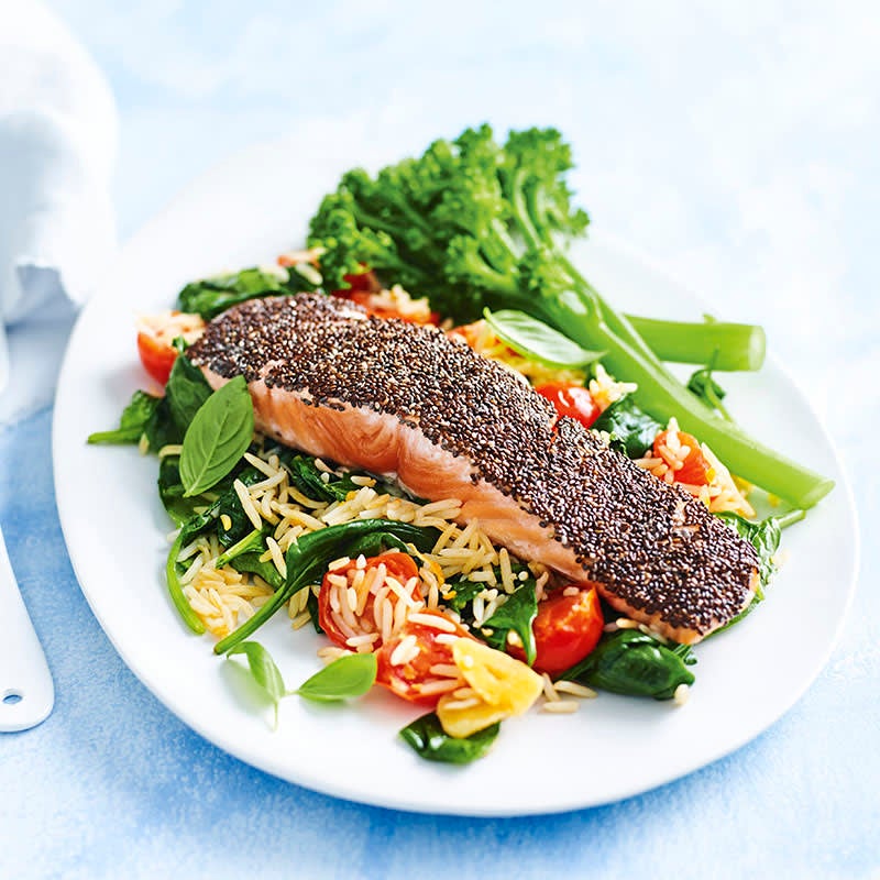 Photo of Chia-crusted salmon with tomato, basil and spinach rice by WW