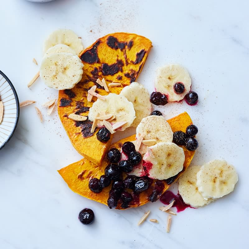 Pumpkin toast with blueberry compote and banana
