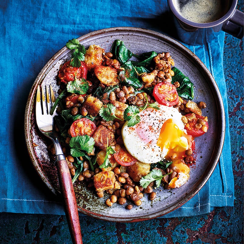 Lentil hash with poached eggs