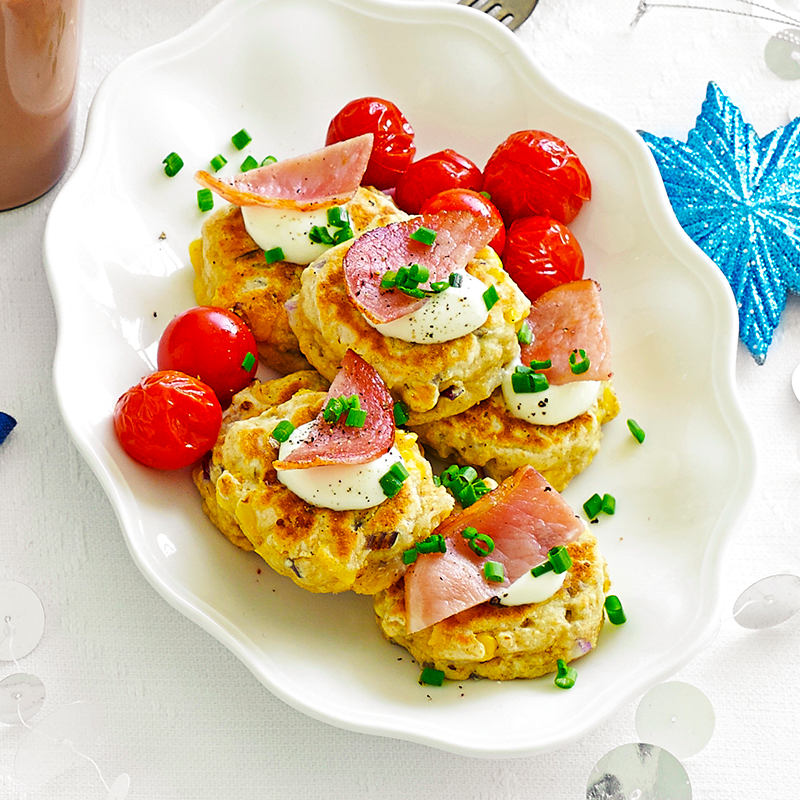 Photo of Corn fritters with crispy bacon and roasted cherry tomatoes by WW