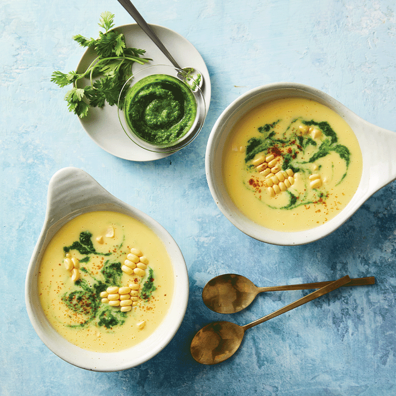 Corn soup with spicy coriander drizzle