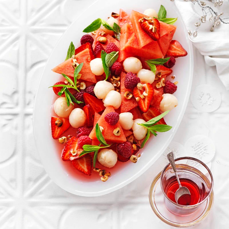 Raspberry, Watermelon and Lychee Salad with Rosewater Syrup