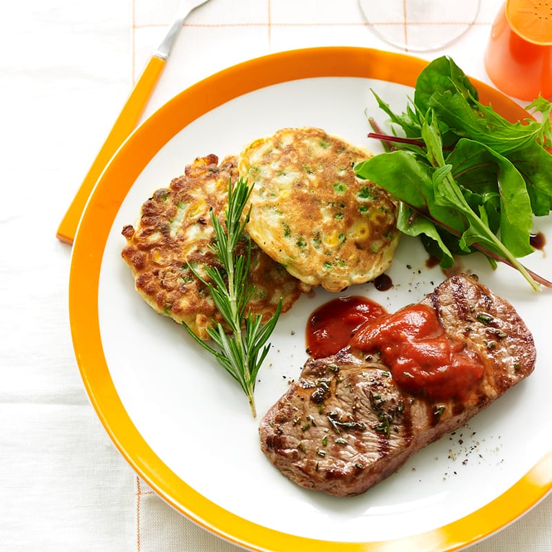 Photo of Rosemary steaks with pea and corn fritters by WW