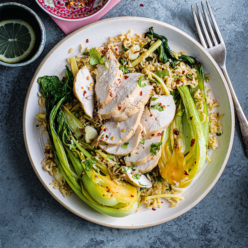 Soy-poached chicken with ginger fried rice