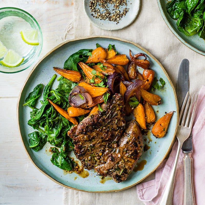 Lamb steaks with sticky carrots