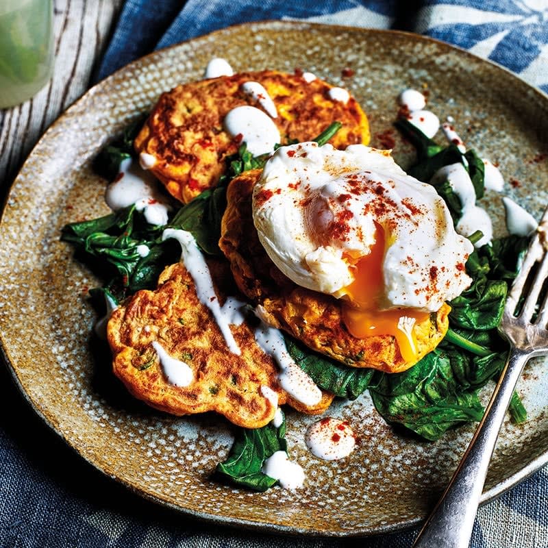 Spiced corn fritters with spinach & poached eggs
