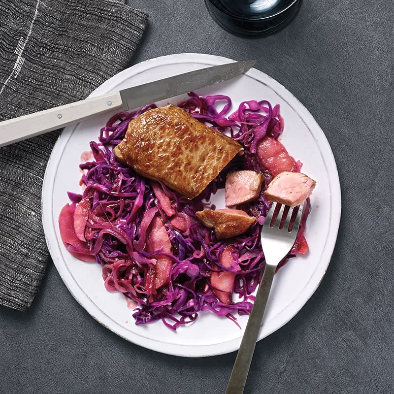 Cider-glazed pork chops with cabbage and apples