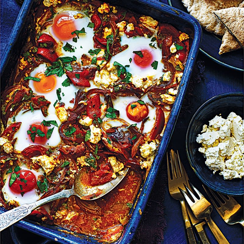 Baked eggs with harissa and feta