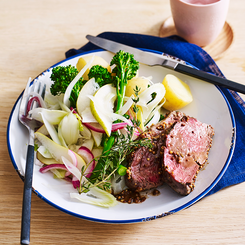 Photo of Mustard beef with broccolini, pear and fennel salad by WW